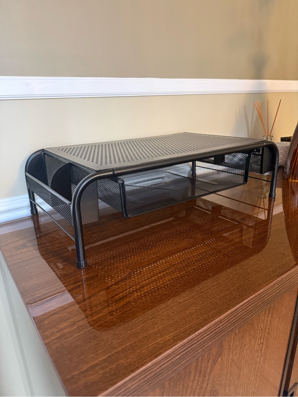 Black Metal Mesh Monitor Stand with Sliding Drawer